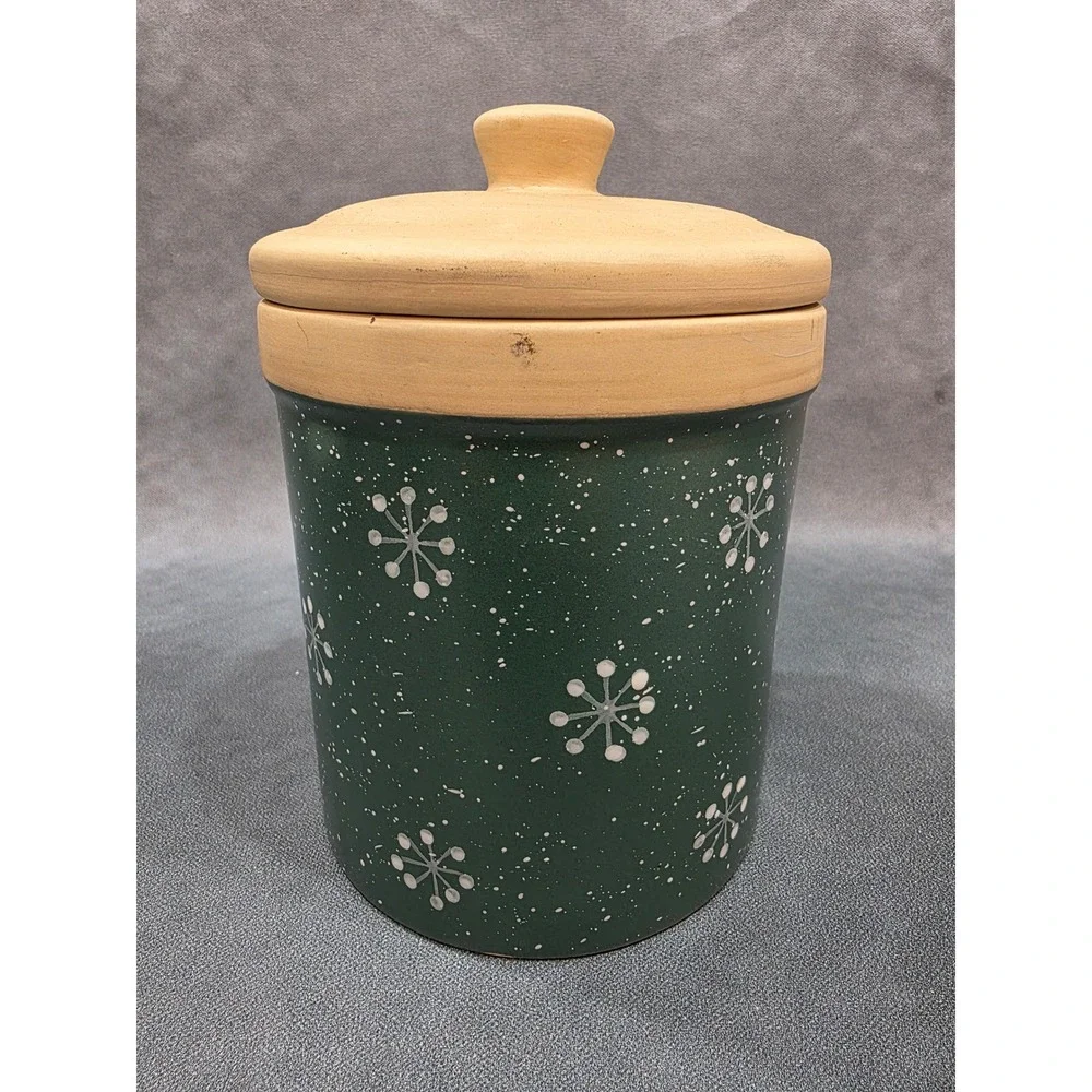 Vintage Ceramic Santa Claus Happy Holidays Cookie Jar Canister Green Snowflake